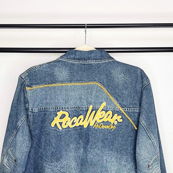 Rocawear RocDenimCorp Vintage 90s Denim Jacket w/ Yellow & White Embroidery SZ M - Picture 10 of 13